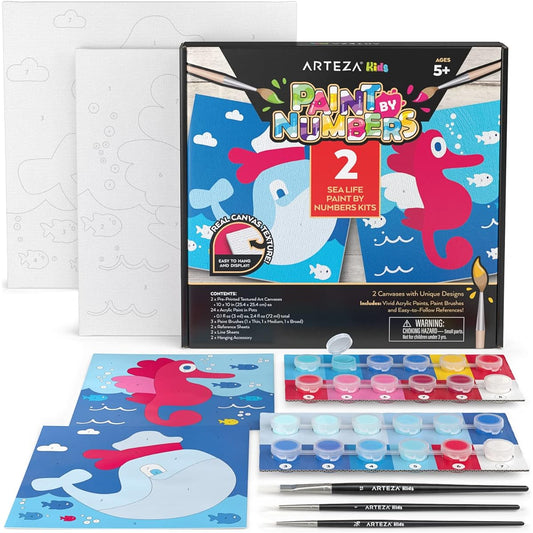 Arteza Kids Paint by Number Kit for Kids Ages 8 to 12 10 x 10 Inch Preprint Sea Creatures Canvas Painting Kit