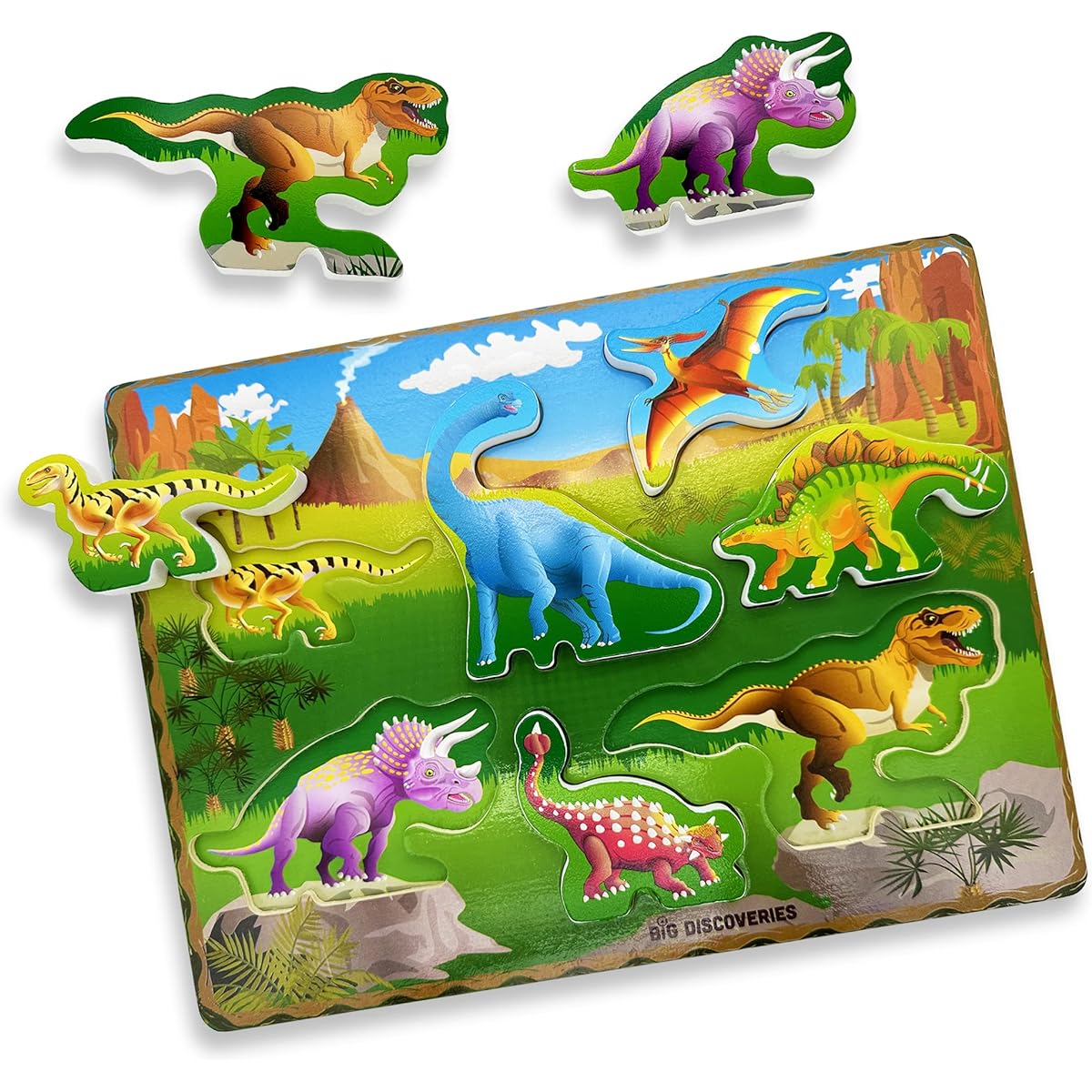Big Discoveries Wooden Puzzles - Animal Wood Puzzles for Toddlers Ages 1-3 | Montessori Learning Puzzles - Perfect for Preschool Boys and Girls (Jurassic Dinosaurs)