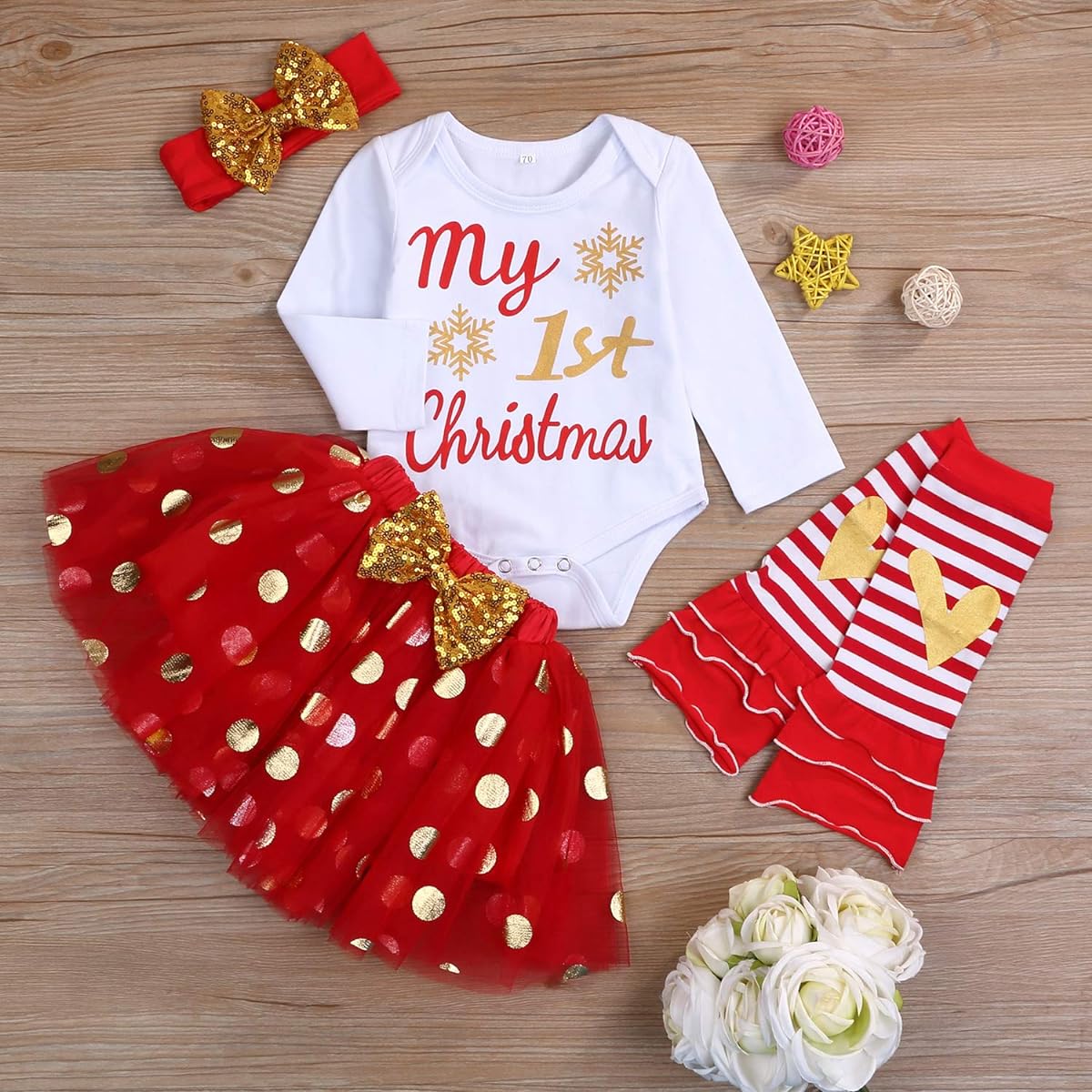 My First Christmas Clothes Baby Girls My 1st Christmas Romper Top + Polka Dot Tutu Skirt + Leg Warmers + Headband 4 Piece Outfit Set