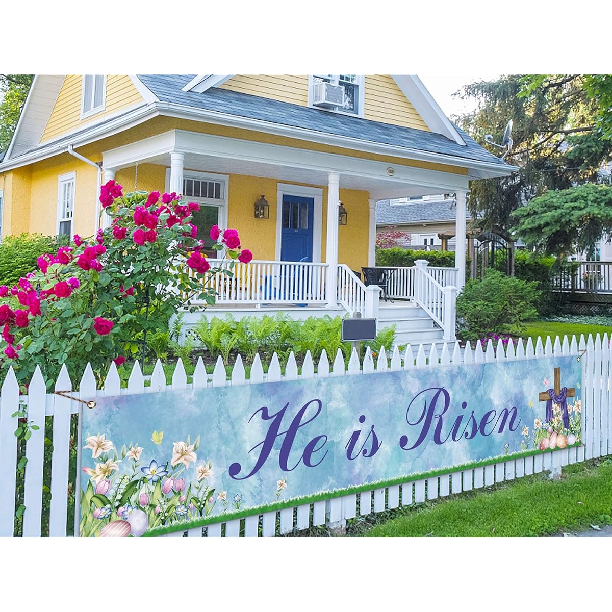 He is Risen Fence Banner Easter Christian Cross Lily Egg Religious Party Photo Booth Backdrop Garden Outdoor Decoration