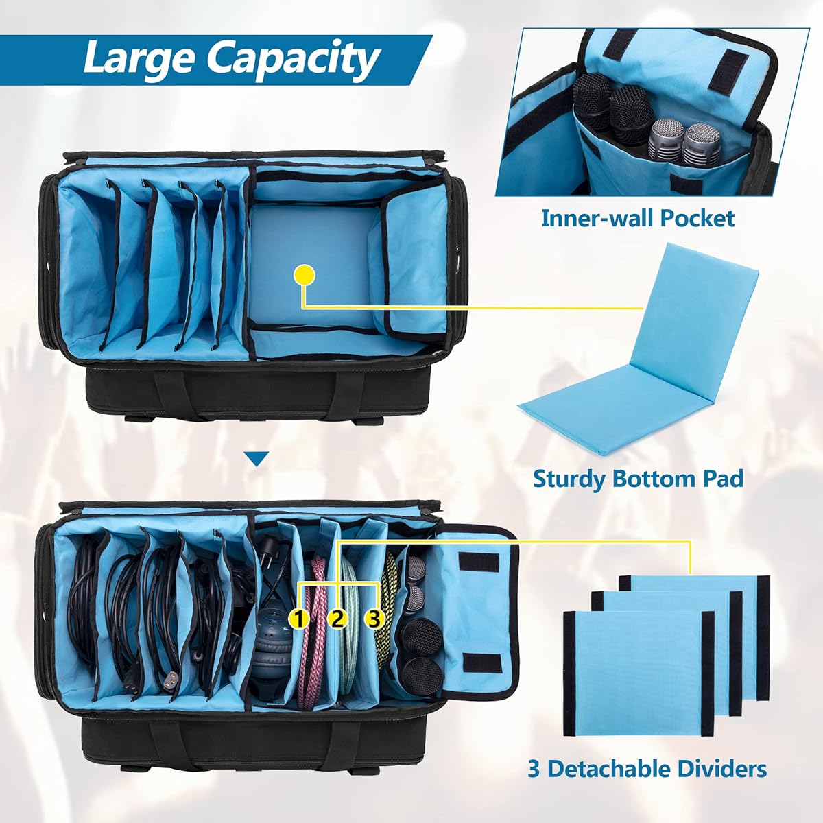 HODRANT Large DJ Gig Bag Travel DJ Cable File Case with Padded Bottom & Removable Divider DJ Gear Storage Organizer for Microphone, 14" Laptop, Sound Equipment & Instruments, Black Bag Only