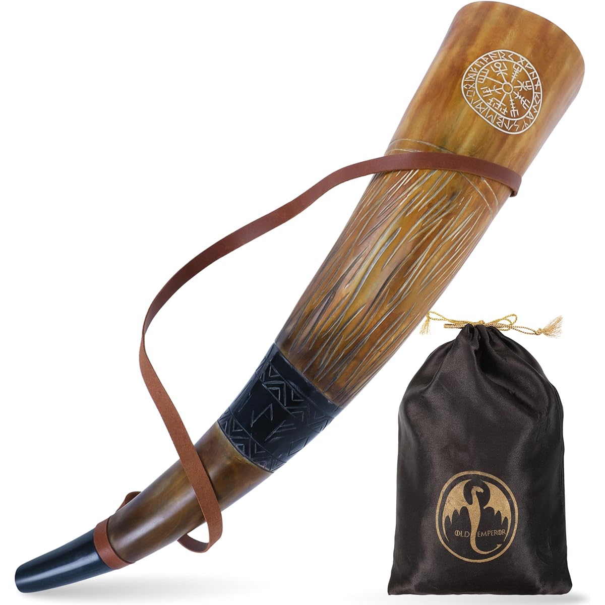 Viking War Blowing Horn | 18" Real Cow Battle Trumpet with Leather Strap Hand Carved | Easy and Clear Sound | Gift Bag