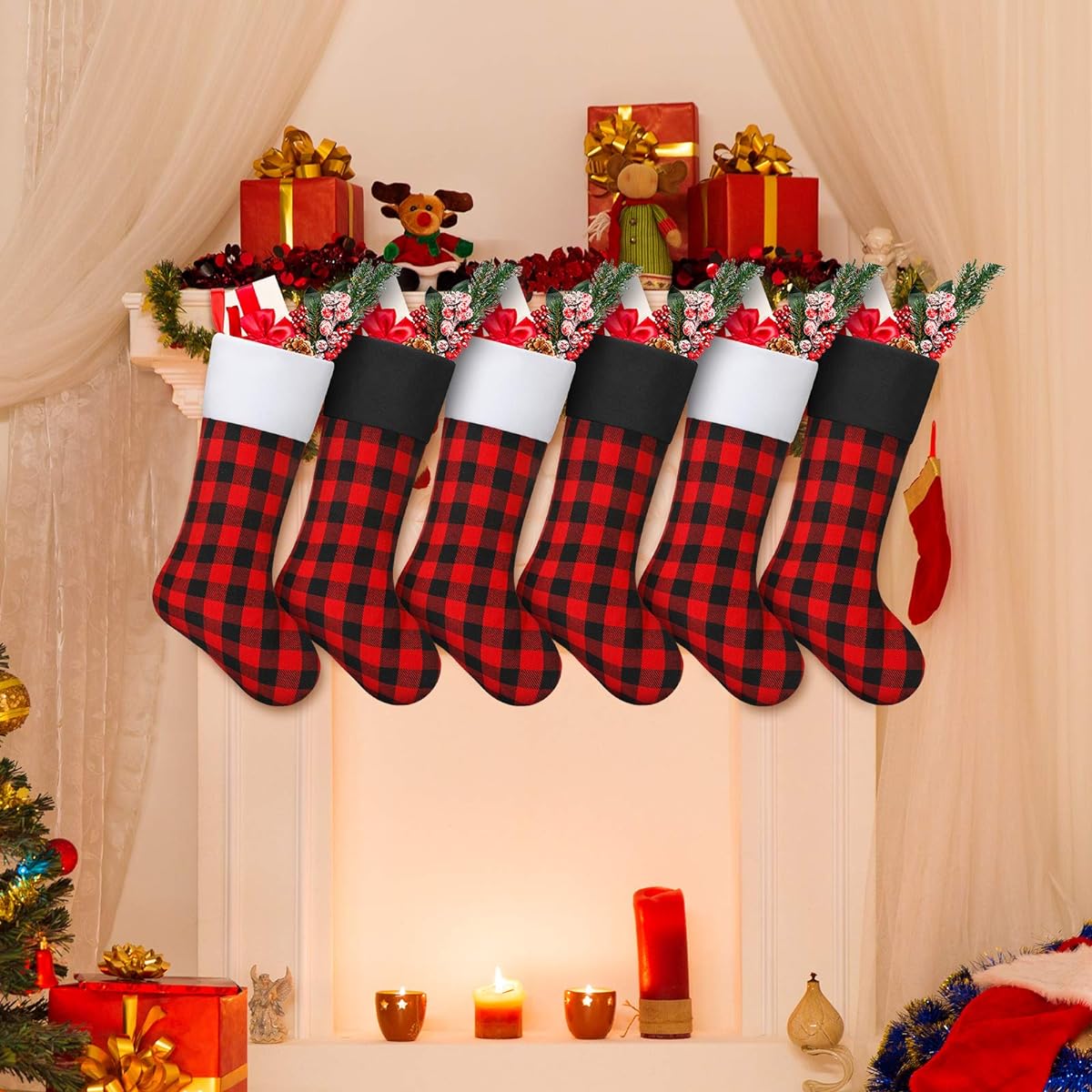 Skylety 20" Christmas Stockings, Plaid Stockings, Faux Fur Cuff Stockings, Fireplace Hanging Stockings, Family Holiday Christmas Party Decorations (Black Red with Black & White Cuffs, 6)