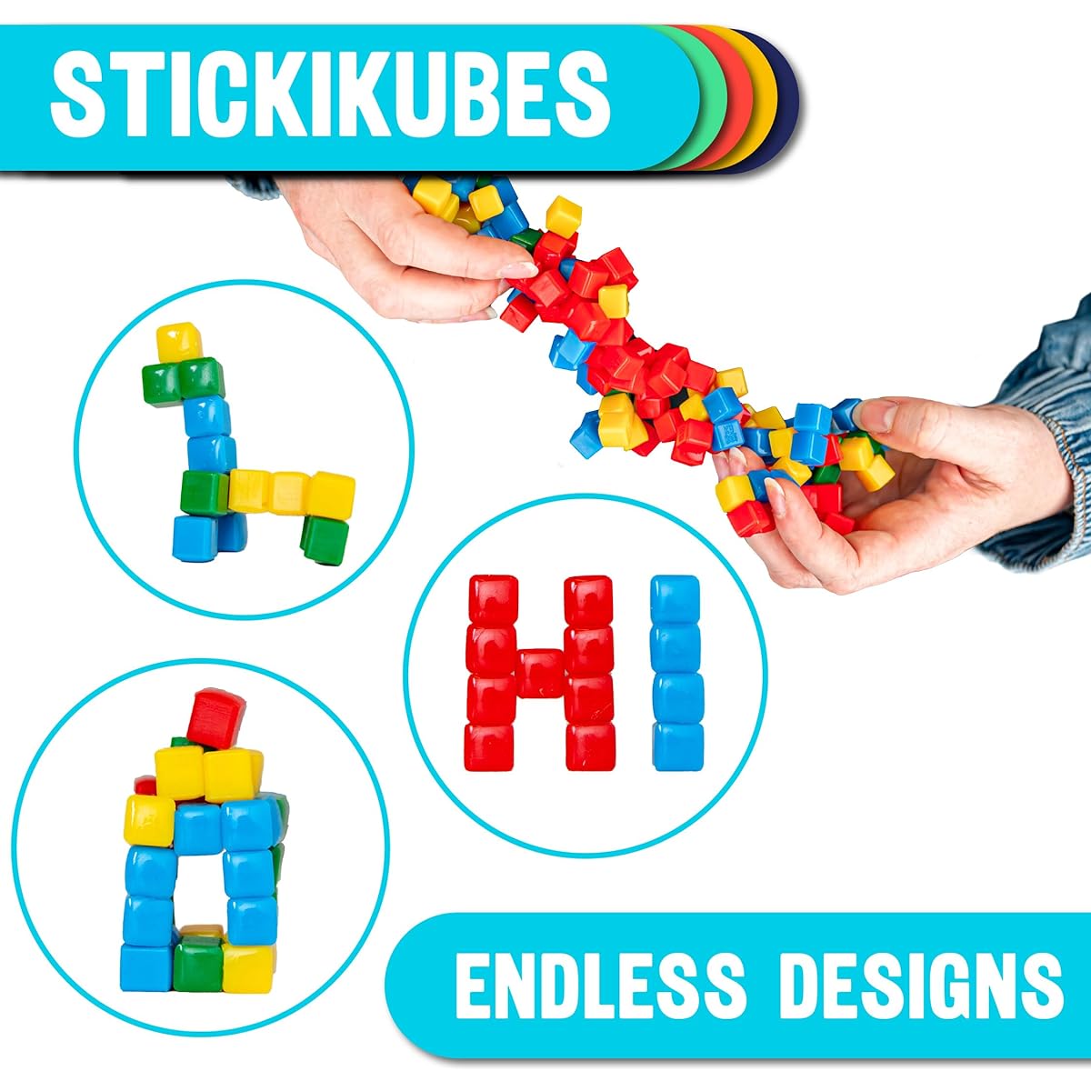 KOMARC GAMES StickiKubes - Mini Stacking Cubes that Stick to Anything - 125 Cubes in 4 Colors - Plastic Tabs - Non-Toxic and Child Safe