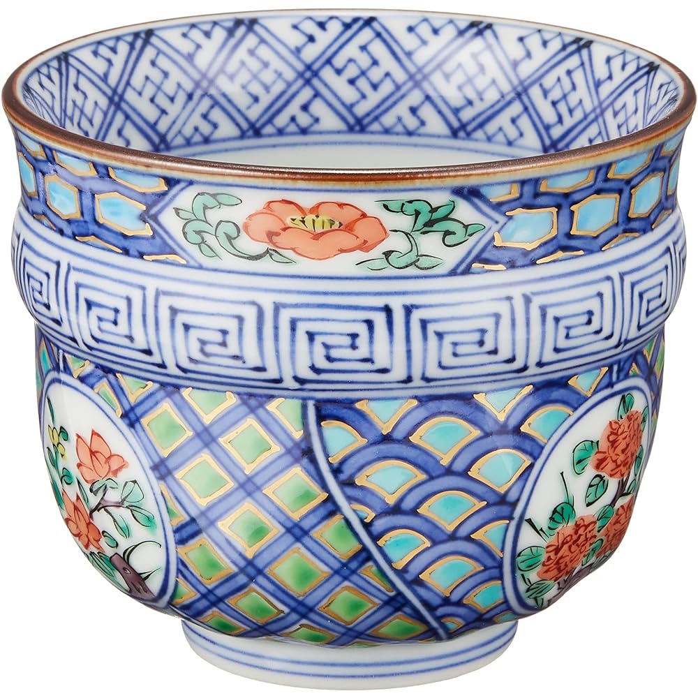 Kyoto ware, Kiyomizu ware, Shoami kiln, small teacup, colored illustration, round patterned flowers UAM685