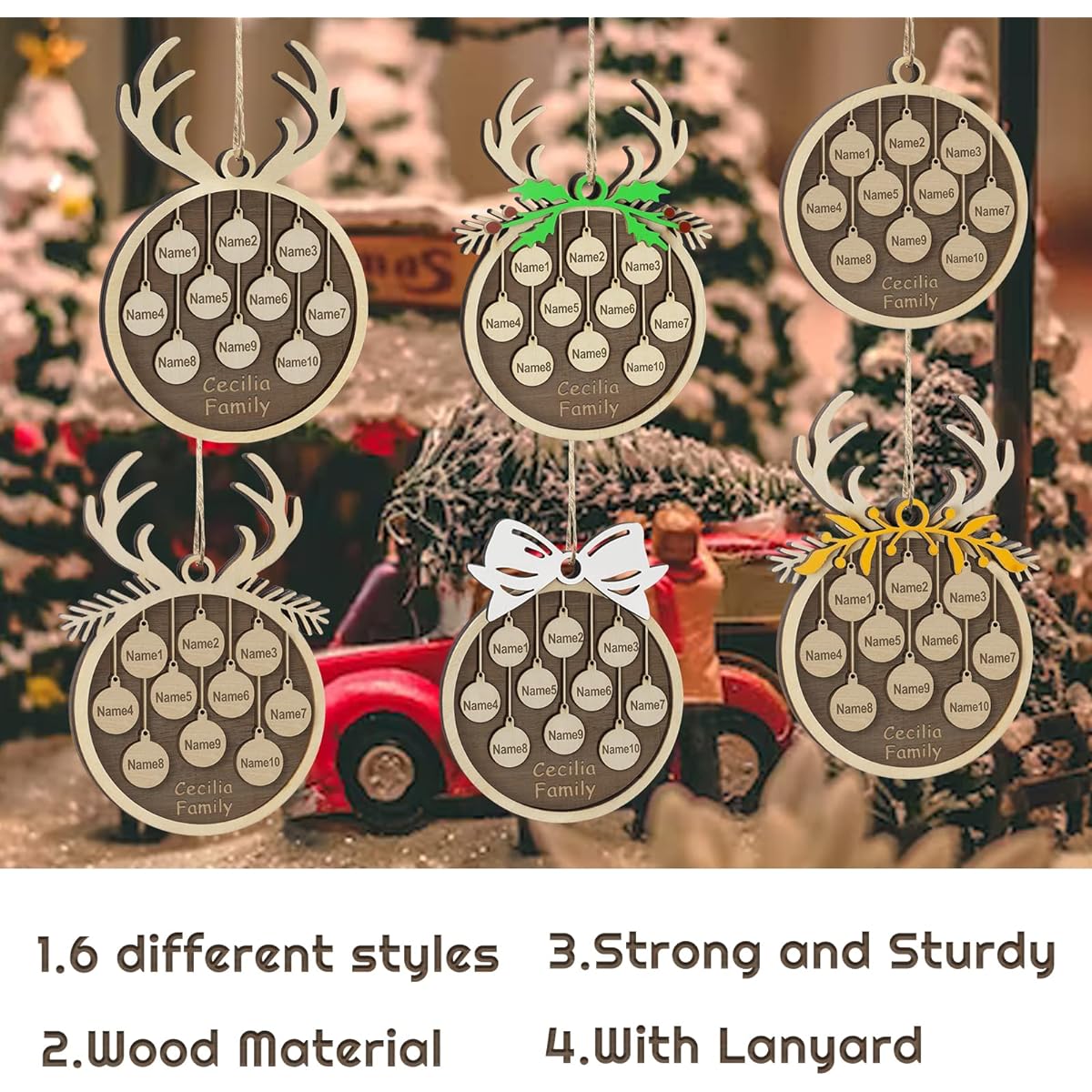Personalized Family Christmas Ornaments 2022, Custom 1 to 10 Name Wooden Christmas Ornaments with Small Rope, Christmas Tree Home Decor Gift for Friends Family of 3