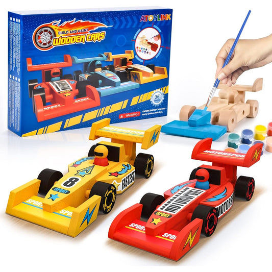 Atoylink DIY Wooden Car Craft for Kids Build & Paint Your Own Race Car 3 Pack Model Car Kit Woodworking Arts & Crafts for Boys Girls Gifts