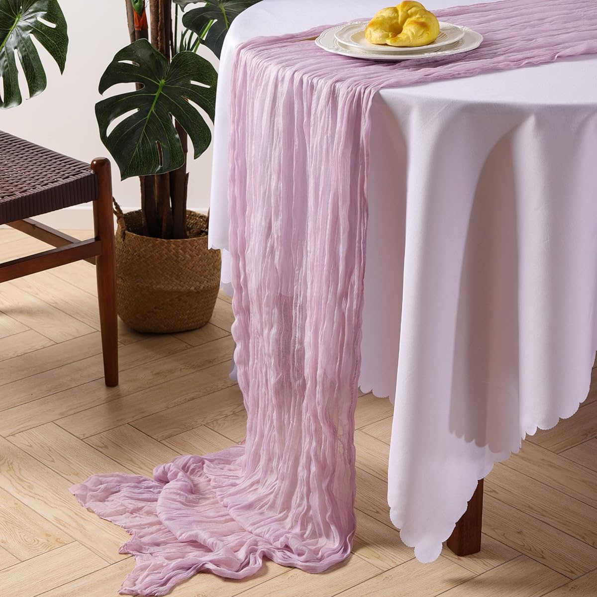 Gauze Table Runner 10pcs 10ft Sheer Cheesecloth Table Runner Bulk for Holiday Party Bridal Shower Romantic Boho Table Decor | 35"W x 118"L | Lilac Snow