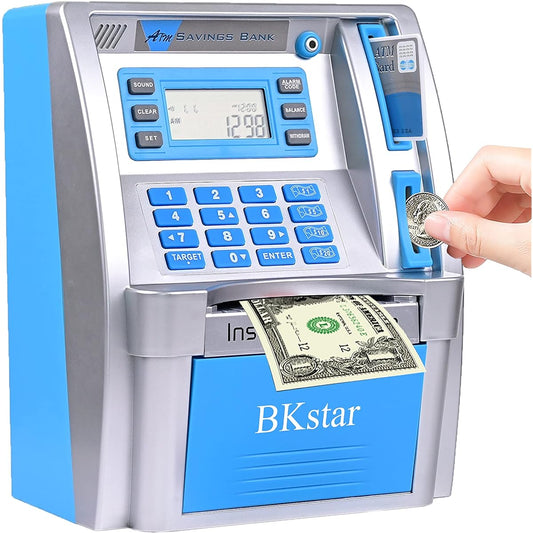 2022 Upgraded Blue ATM Piggy Bank Saving Box with Card Coin Reader Electronic Balance Calculator Money Bank for Kids Adults