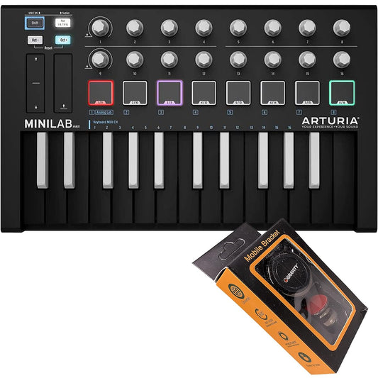 Arturia MiniLab MKII Mini Hybrid Keyboard Controller Black Edition 25 Notes USB Mini Keyboard Controller with 16 Encoders Gravity Magnetic Phone Holder Bundle