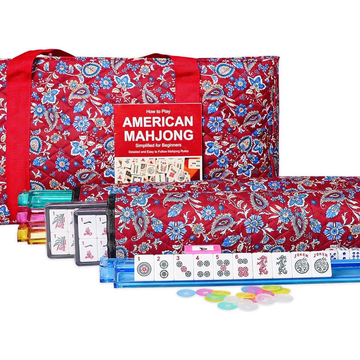 Jongyance American Mahjong Set, Red Paisley Carry Bag, 166 Mahjong Tiles, All-in-One Rack/4 Pushers, 100 Chips, 1 Wind Indicator, Ma Jong Set with English Manual