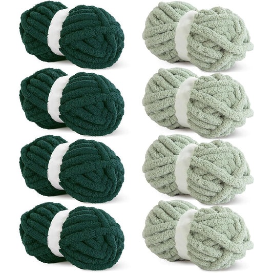 HOMBYS Chunky Yarn for Crocheting, Pack of 8, Super Bulky Large Soft Fluffy Yarn, Fluffy Yarn, Chunky Chenille Yarn for Hand Knitting/Arm Knitting, 4 Green, 4 Dark Green (31.7 Yards, 8 Oz Each Skein)