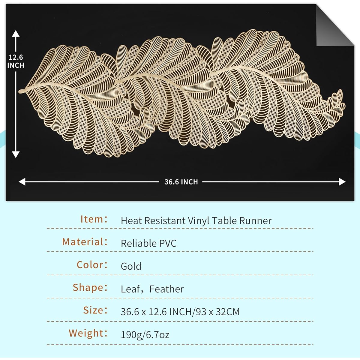 FAVE Gold Table Runner 36 Inch Heat Resistant Table Runner Leaf Shape Vinyl Table Runner Waterproof Washable Table Mat Table Runner for Party Wedding Decorations (Table Runner - Gold Leaf Shape)