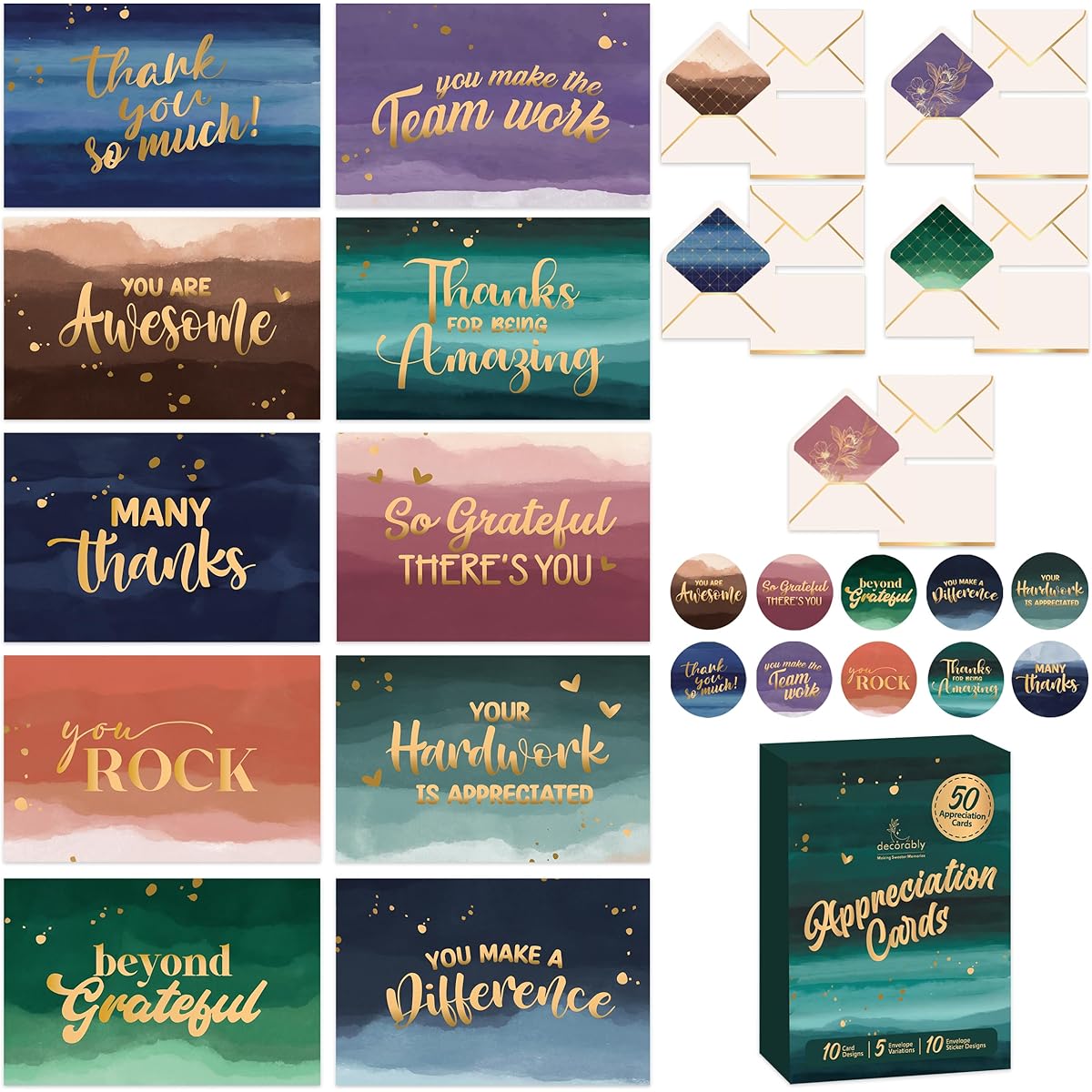 Gold Foil Watercolor Employee Appreciation Cards with Envelopes & Stickers, Pack of 50 - 10 Designs Blank Pastor Appreciation Cards Bulk, 6 x 4 Inch Appreciation Cards with Envelopes