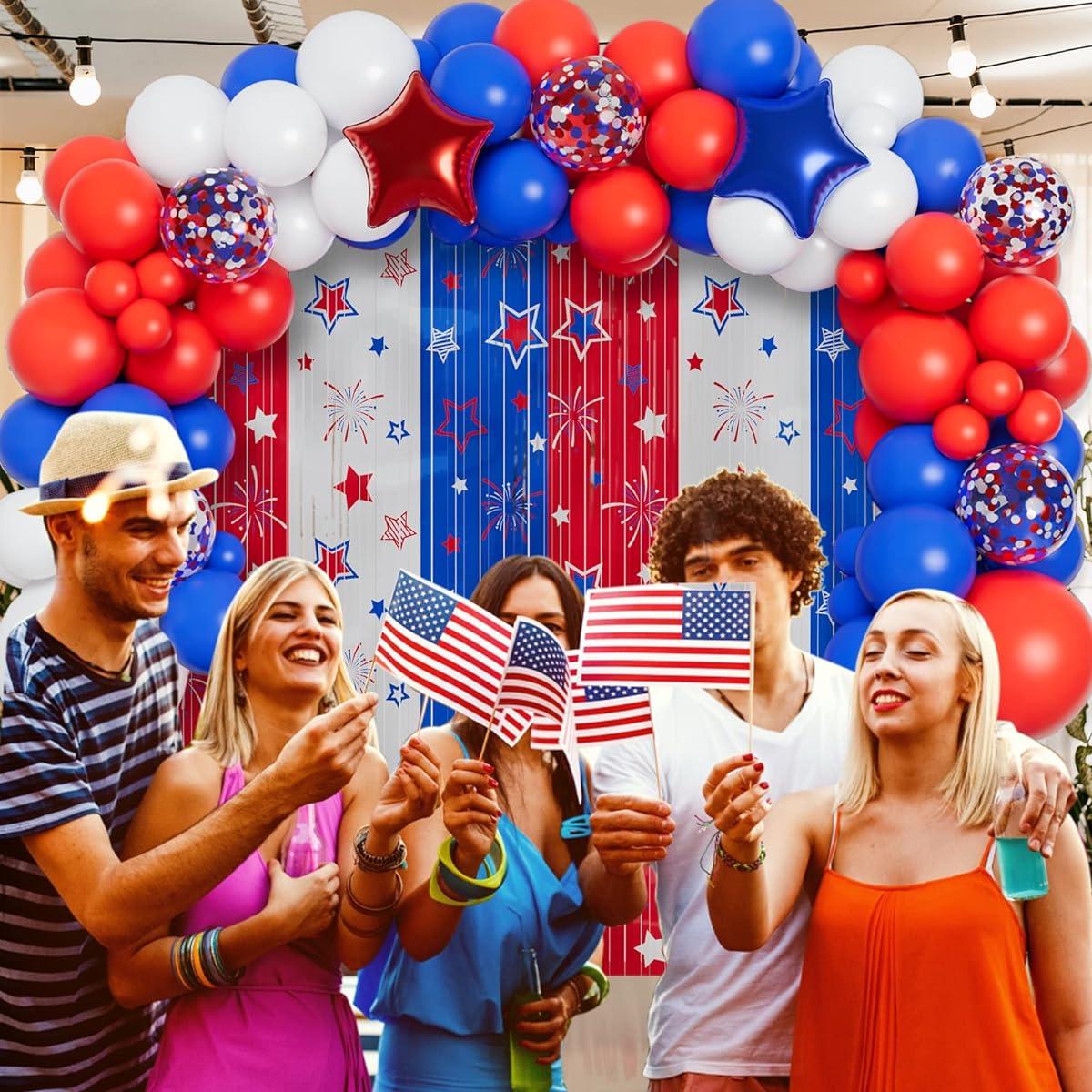 DBKL Red White Blue Balloon Garland Arch Kit American Star Tinsel Foil Fringe Curtain for Independence Day Veterans Memorial Day Baby Shower Baseball Patriotic Theme Party Decorations