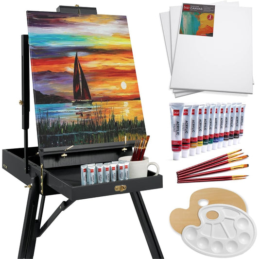 Best Choice Products 32 Piece French Easel Beginner Kit Portable Wooden Foldable Adjustable Sketch Box Artist Tripod for Painting Acrylic Paints Brushes Canvas Palette Black