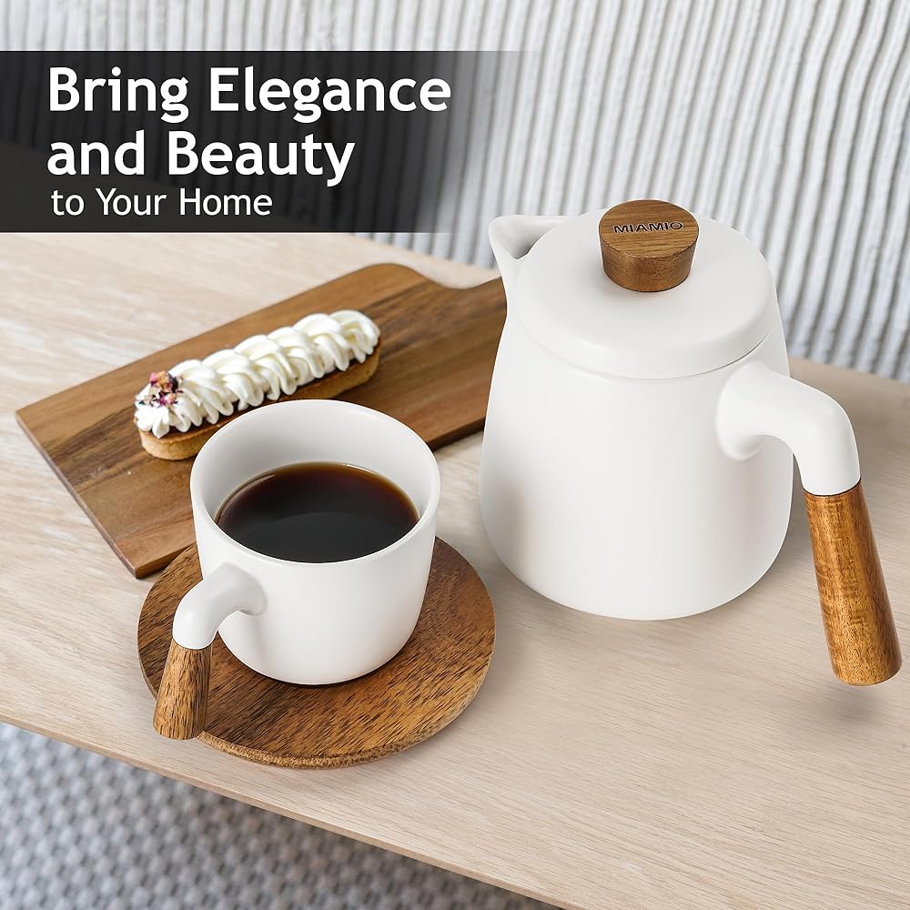 MIAMIO – 1000 ml ceramic teapot set with infuser and cup/tea strainer, 4 ceramic tea mugs (300 ml), bamboo saucer/handle, for home and office use (white)