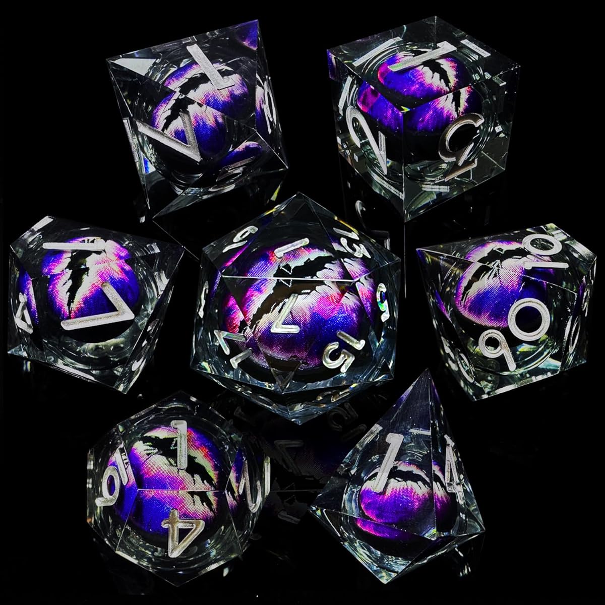 HAOMEJA Resin Dragon Eye DND Dice Set D&D 7pcs Resin Sharp Edge Liquid Core Role Playing Dice with Dragon Eye Dice Bag Polyhedral Dungeons and Dragons Dice D20 D12 D10 D8 D6 D4 (Black & Eye Purple)
