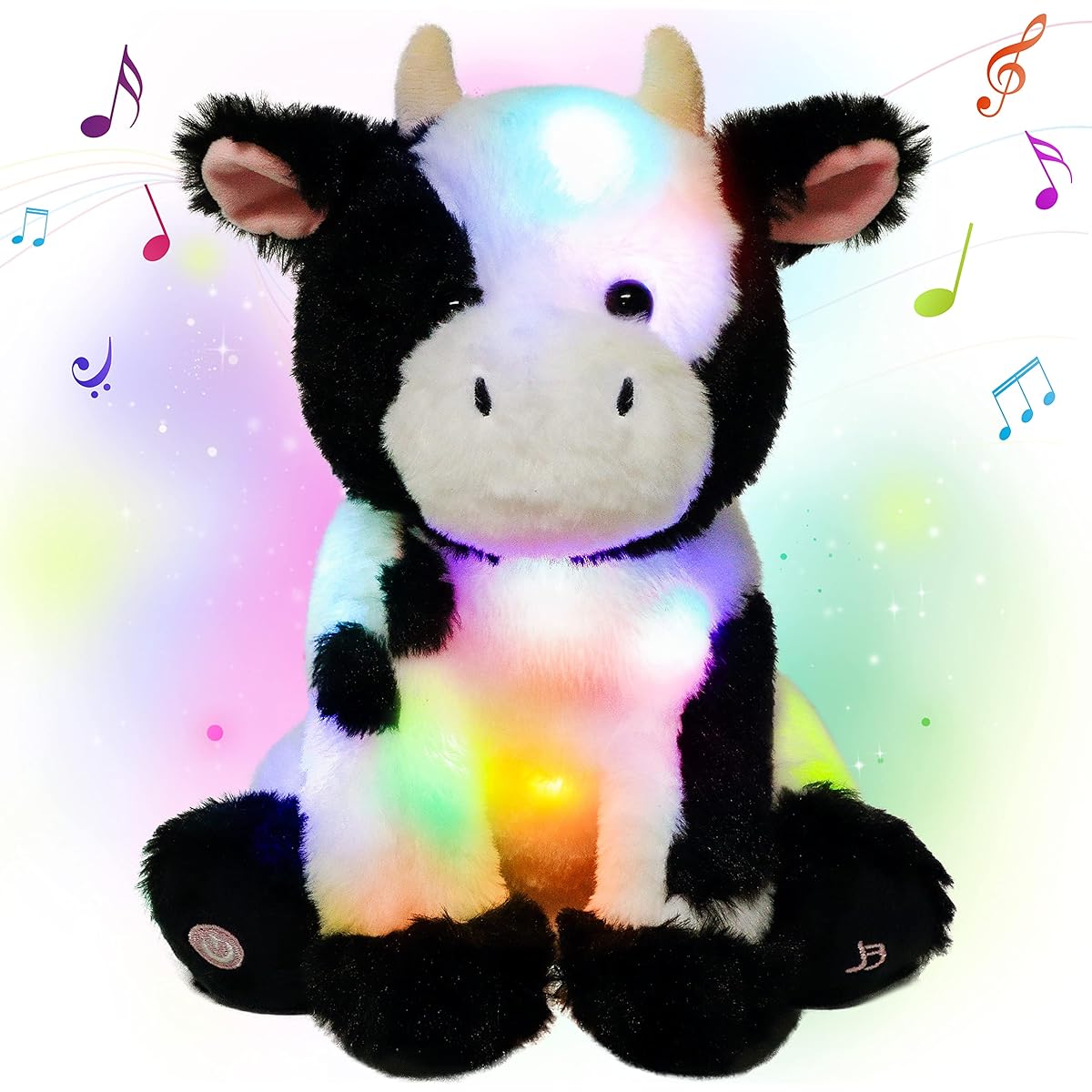 Cuteoy LED Musical Plush Cow Light Up Diary Cow Stuffed Animal Lullaby Adjustable Volume 3 Levels Singing Animal Animation Soothing Birthday Festival Kids Toddler Girls 12 Inch