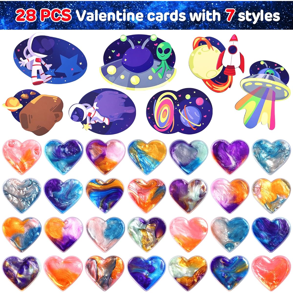 Valentine Galaxy Slime with Valentine's Day Gift Cards, Slime Party Favors, Stress & Anxiety Relief Slime Packs for Girls and Boys, Classroom Swap Favors, Valentine Greeting Cards, Pack of 28