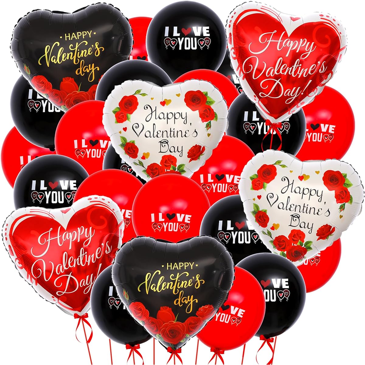 Large Happy Valentine's Day Balloons - Pack of 26 | Black and Red Heart Shaped Balloons I Love You Balloons | Romantic Decorations for Special Night | Black Heart Balloons Valentine Balloon Decorations