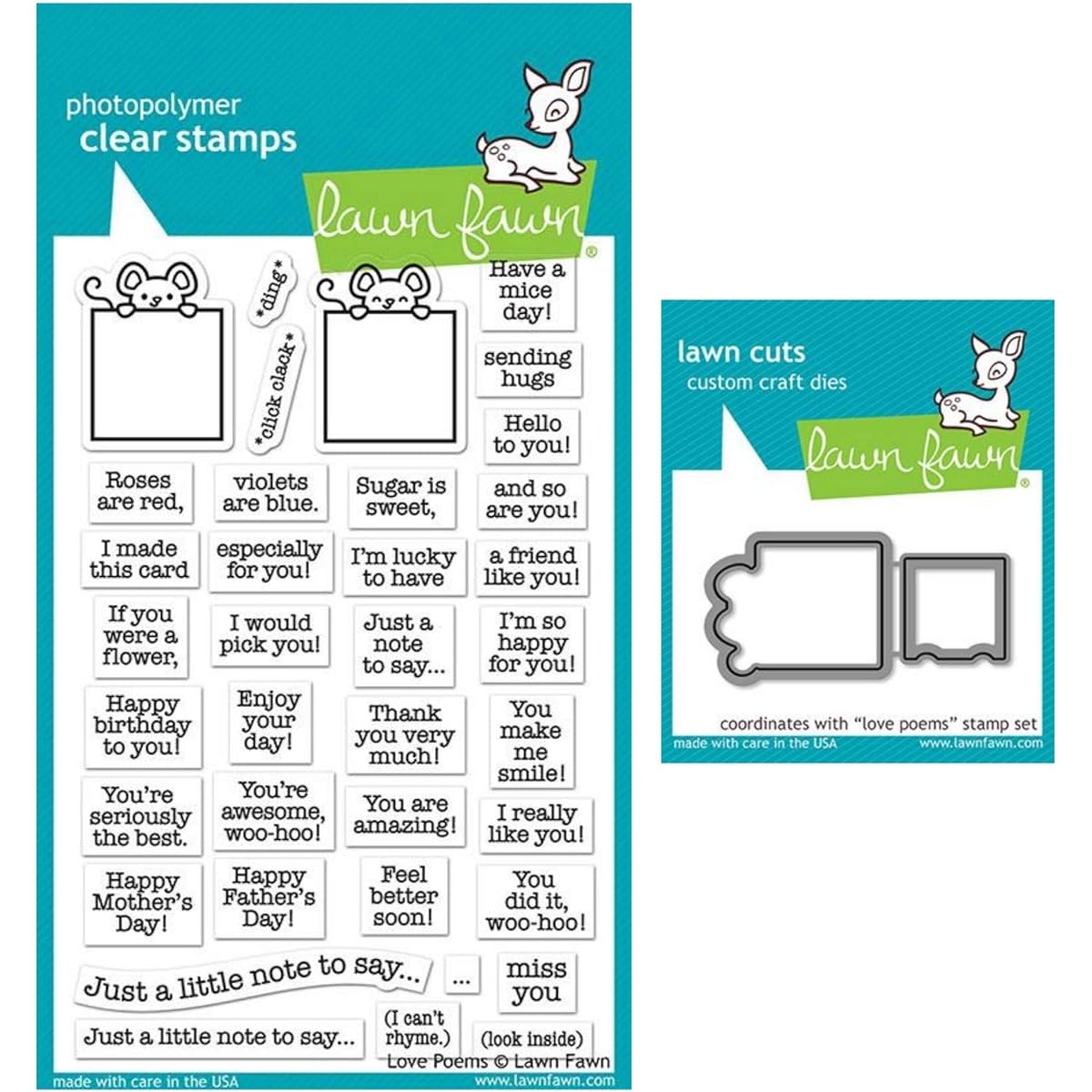 Lawn Fawn Love Poems 4x6 Clear Stamps and Coordinating Custom Dies (LF2167, LF2168), Set of 2 Items