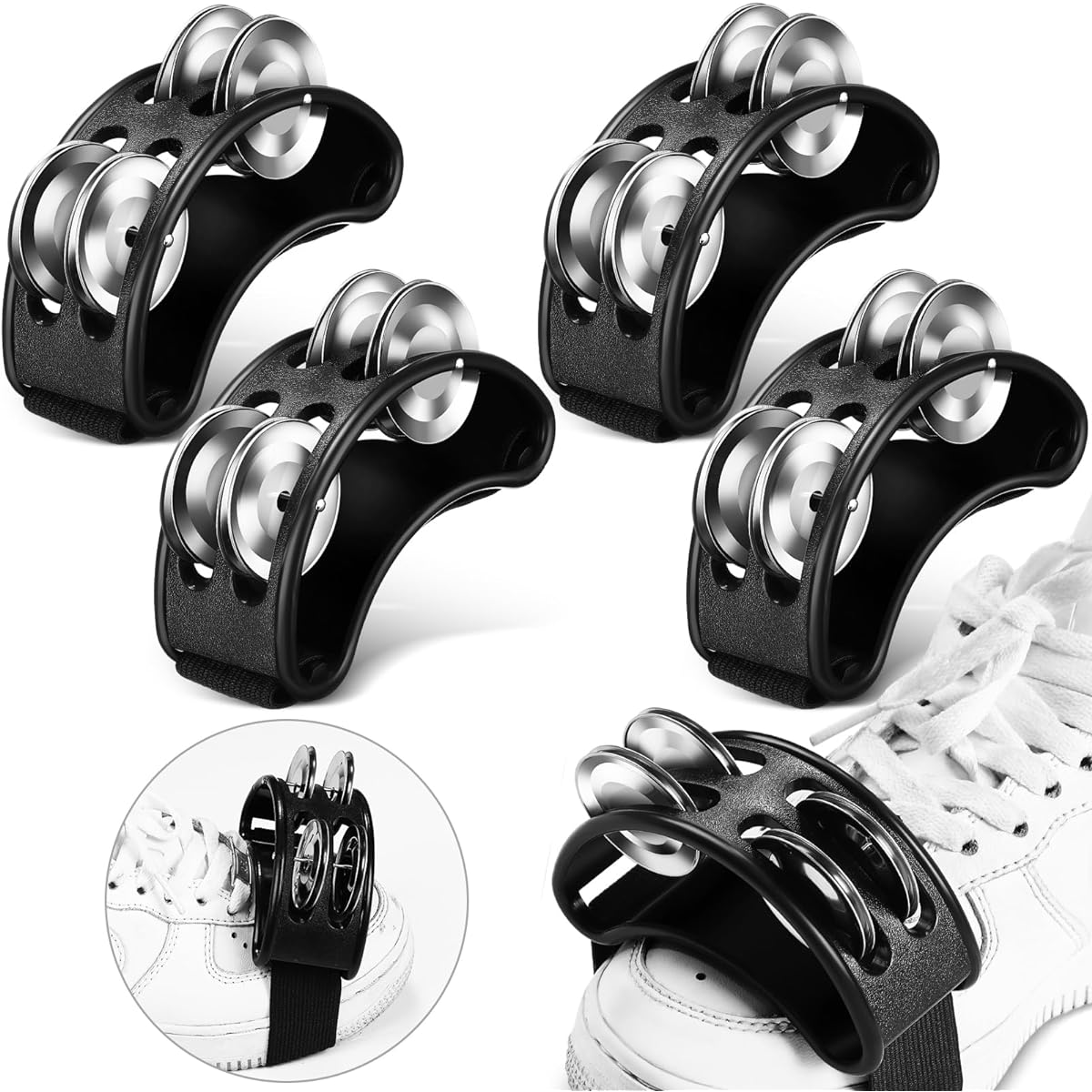 Lukmaa 4 Pieces Foot Tambourine Percussion Musical Instrument Guitar Drum Foot Tapping Tambourine Christmas Metal Bell Rubber Strap Foot Percussion Shaker Adult Drum Kit Accessories