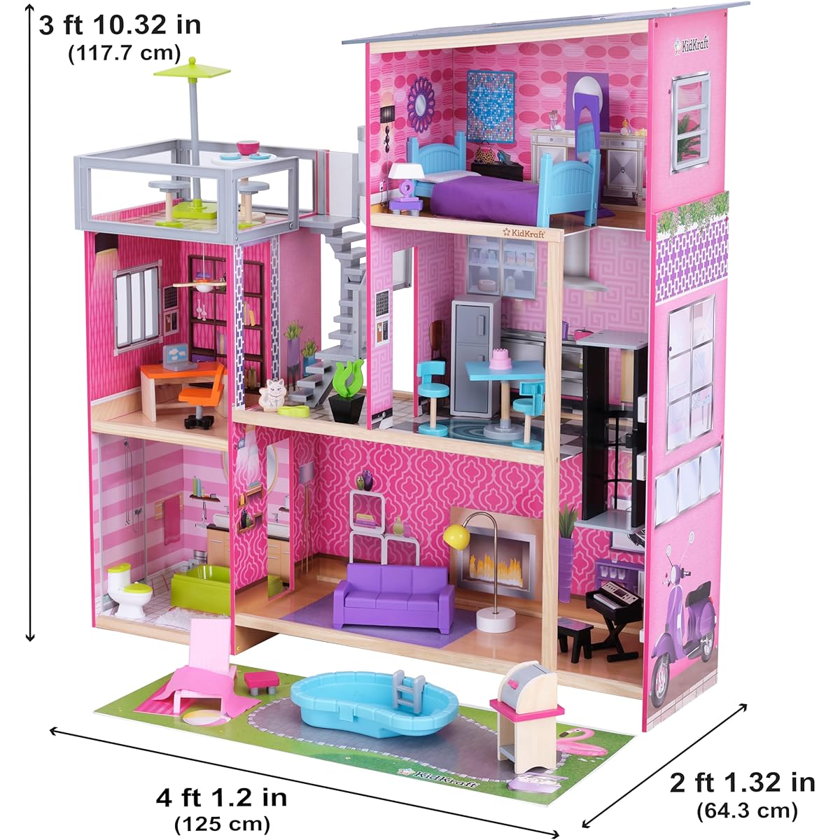 KidKraft Uptown Wooden Modern Dollhouse Lights & Sounds Pool Accessories 36 Pieces