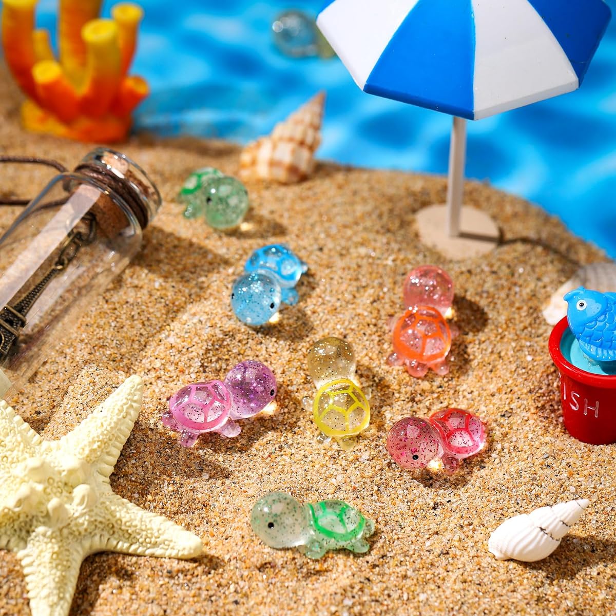 RoundFunny 120Pcs Sea Turtle Miniature Figures Glitter Turtle Figures Mini Turtles Sea Animal Figurines for DIY Projects Garden Birthday Party Favors Home Wedding Dollhouse Aquarium Decor