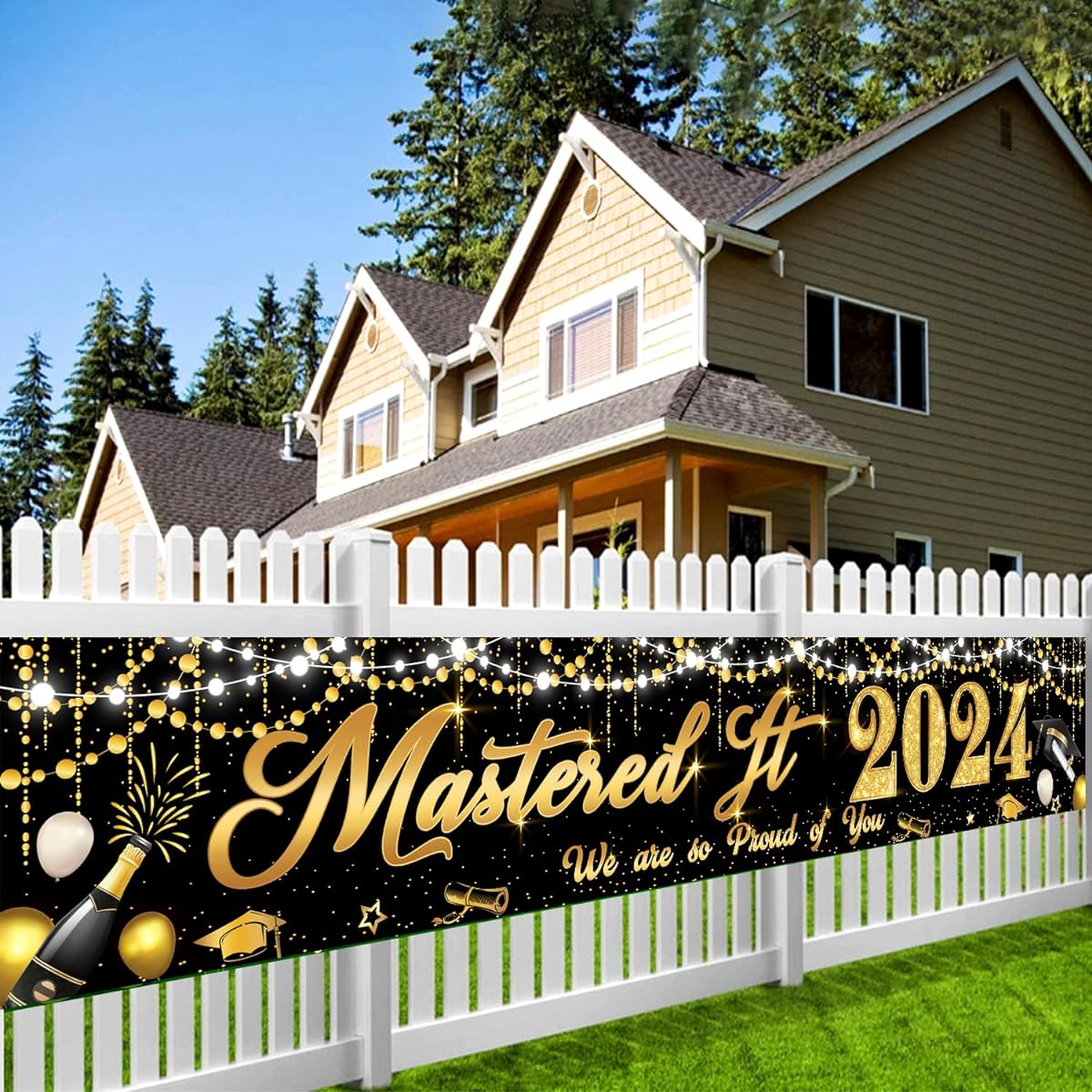 Mastered It Banner Large 9.8x1.6ft Masters Graduation Decorations Black Gold Masters Garden Banner 2023 Mastered It Graduation Party Supplies for Outdoor Indoor Front Door Fence Supplies tinei
