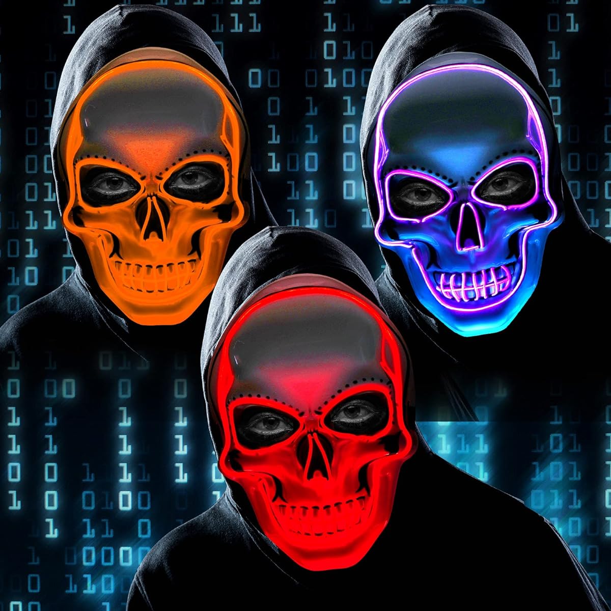 Lenwen 3 Pieces Halloween Face Cover with Wire LED Scary Skull Face Cover Glowing Halloween Skull Cover Cosplay Halloween Party Festival Party Costume Party Supplies (Purple, Red, Orange)