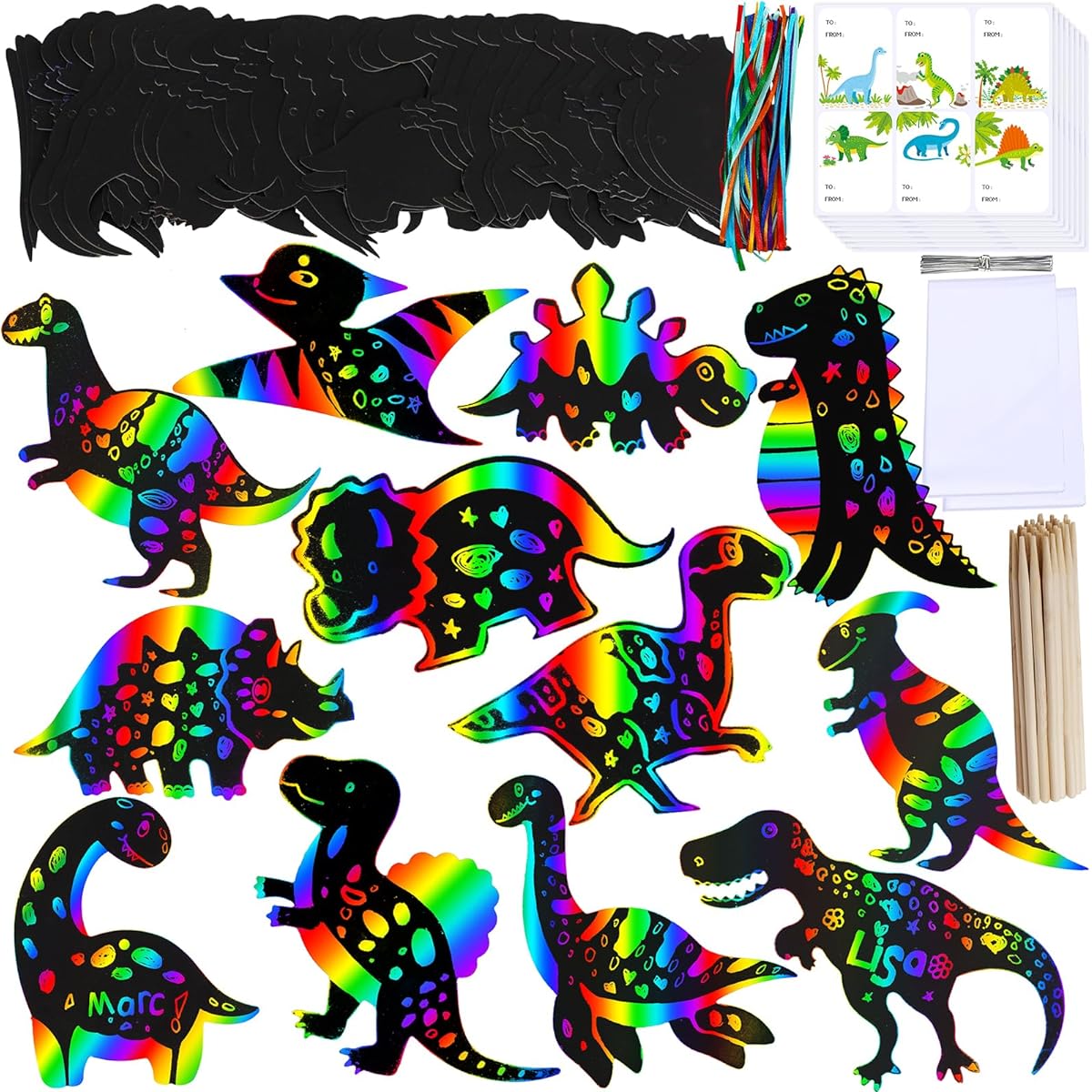 Winlyn 48 Sets 12 Styles Magic Color Scratch Dinosaur Ornaments Craft Kit DIY Rainbow Scratch Paper Art Set Dinosaur Crafts with Scratch Tools Ribbons for Kids Classroom Activities Party Favors