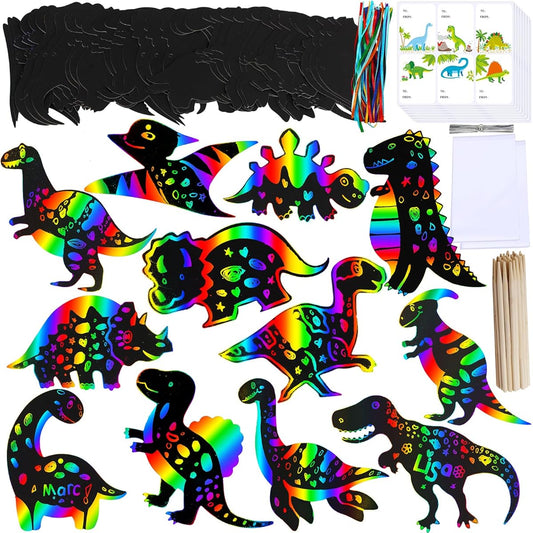Winlyn 48 Sets 12 Styles Magic Color Scratch Dinosaur Ornaments Craft Kit DIY Rainbow Scratch Paper Art Set Dinosaur Crafts with Scratch Tools Ribbons for Kids Classroom Activities Party Favors