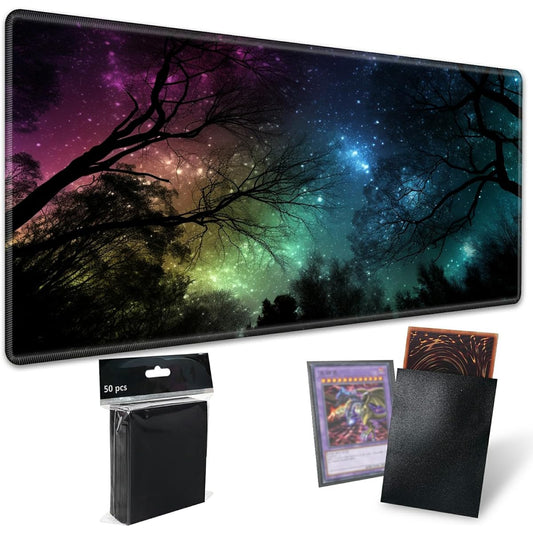 TCG Playmat Board Game Mat with 50 Card Sleeves 24 x 14 Table Mat Night Sky Forest Gaming Mouse Pad Soft Surface Non-Slip Base for MTG RPG CCG Trading Card Game Playmat