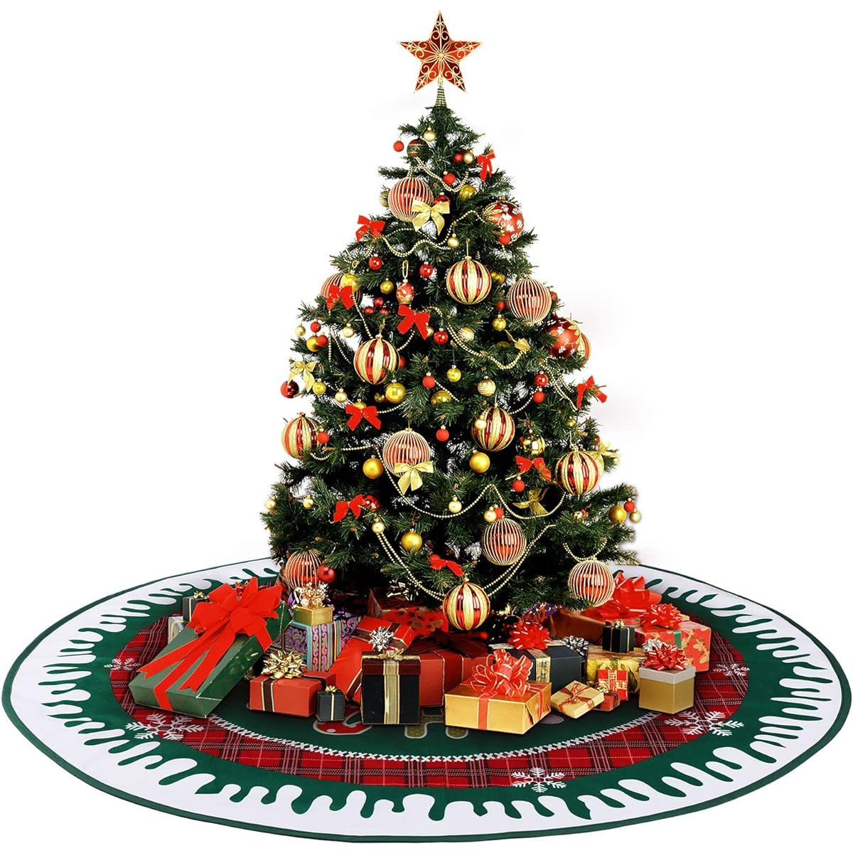 SIBOSUN Buffalo Plaid Merry Christmas Tree Skirt, 48" Red and Black Checkered Reversible Green Tree Mat for Holiday Party