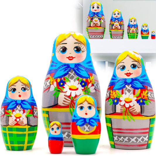 5 Piece Russian Nesting Doll Set - Blue Cornflower, Spikelet, Chamomile Flower - Matryoshka with Meadow Flower Bouquet