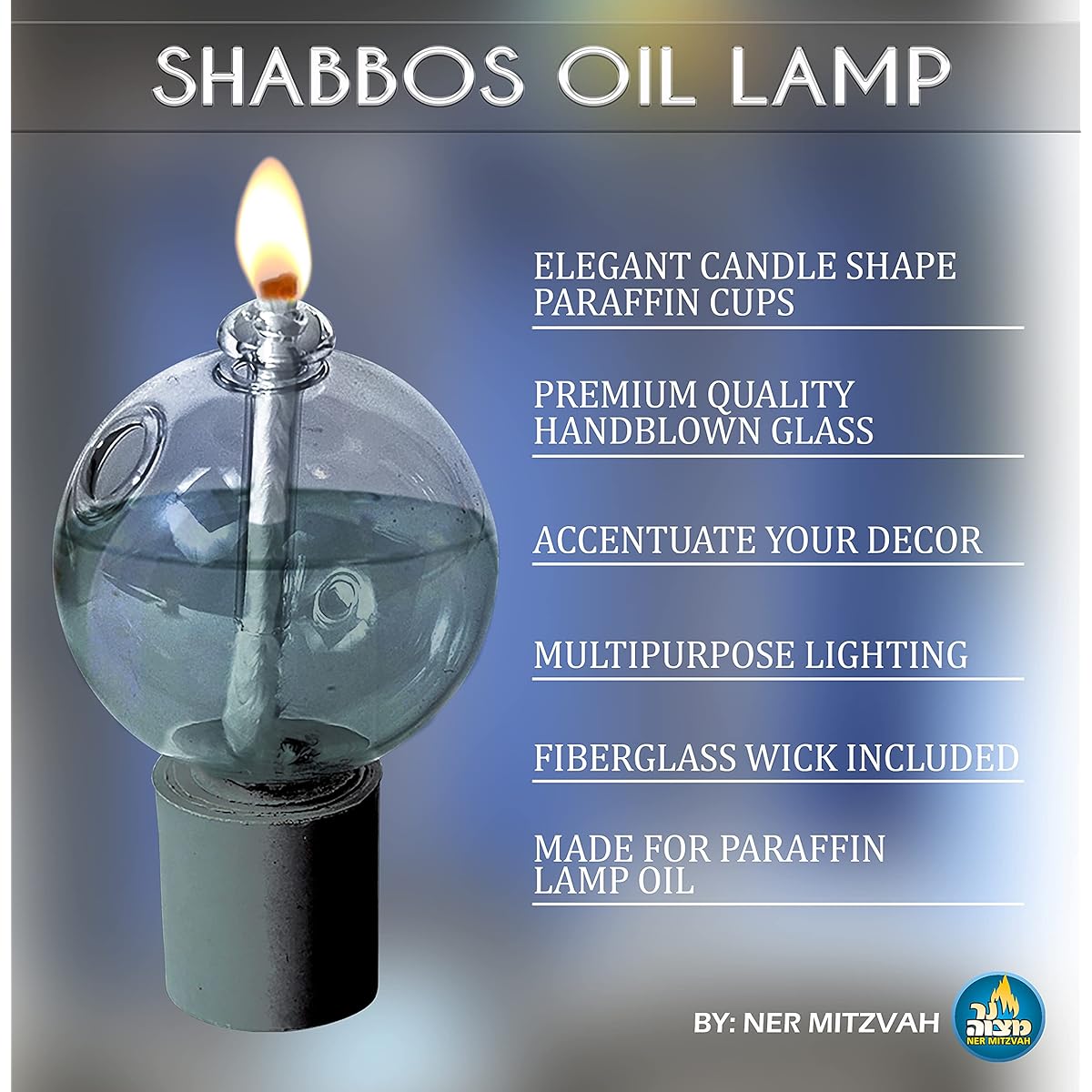 Ner Mitzvah Shabbat Glass Oil Lamp Holder Cup and Wick Ball Shape 2 Pack Beautiful and Elegant Design Standard Candlestick Size for Oil Lamp Oil Mess-Free Refills