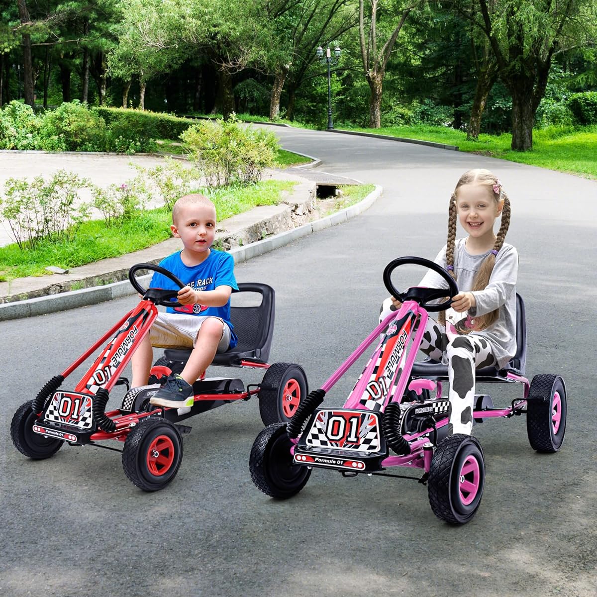 HONEY JOY Go Kart for Kids 4 Wheel Quad Off-Road Pedal-On-Foot Go Kart with Steering Wheel & Adjustable Seat, 2 Safety Brakes, EVA Rubber Tires, Clutch, Outdoor Racer Ride-On Pedal Car (Pink)