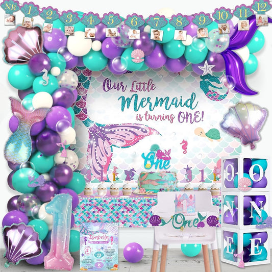 126 Pieces Mermaid Birthday Decorations 1 Year Old Girl Hombae Mermaid 1 Year Background Balloon Garland Monthly Photo High Chair Banner Box Cut Out Crown Poster Cake Topper Seashell Teal Blue Purple