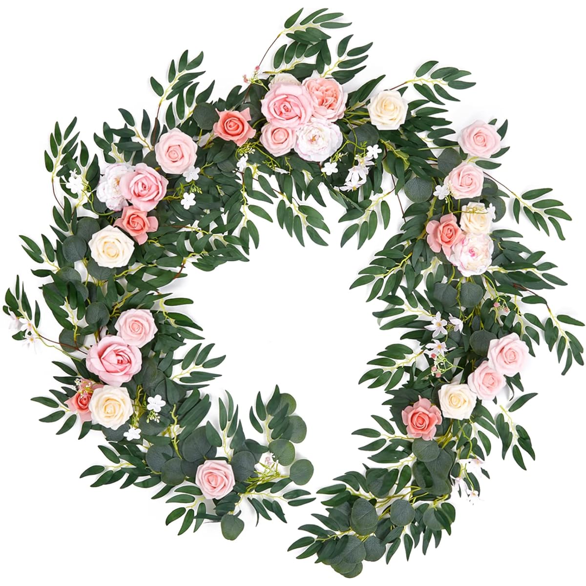 TINGE TIME 9ft Artificial Eucalyptus Garland with Flowers Faux Rosevine Wedding Sweetheart Table Centerpiece Head Table Decor Arch Backdrop Ceremony Reception Decorations (Peach Pink)