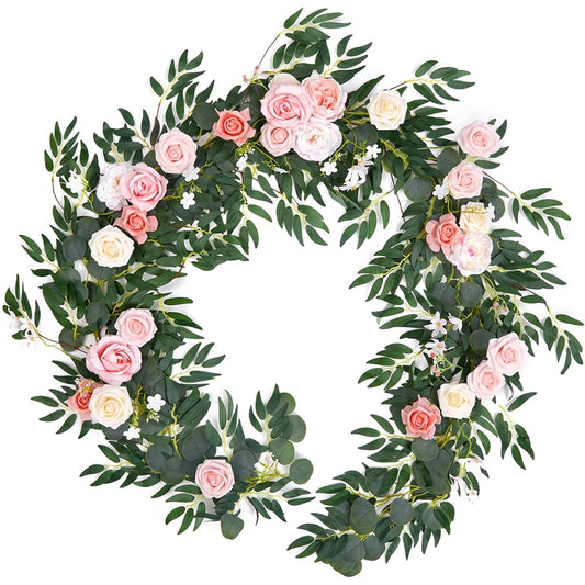 TINGE TIME 9ft Artificial Eucalyptus Garland with Flowers Faux Rosevine Wedding Sweetheart Table Centerpiece Head Table Decor Arch Backdrop Ceremony Reception Decorations (Peach Pink)