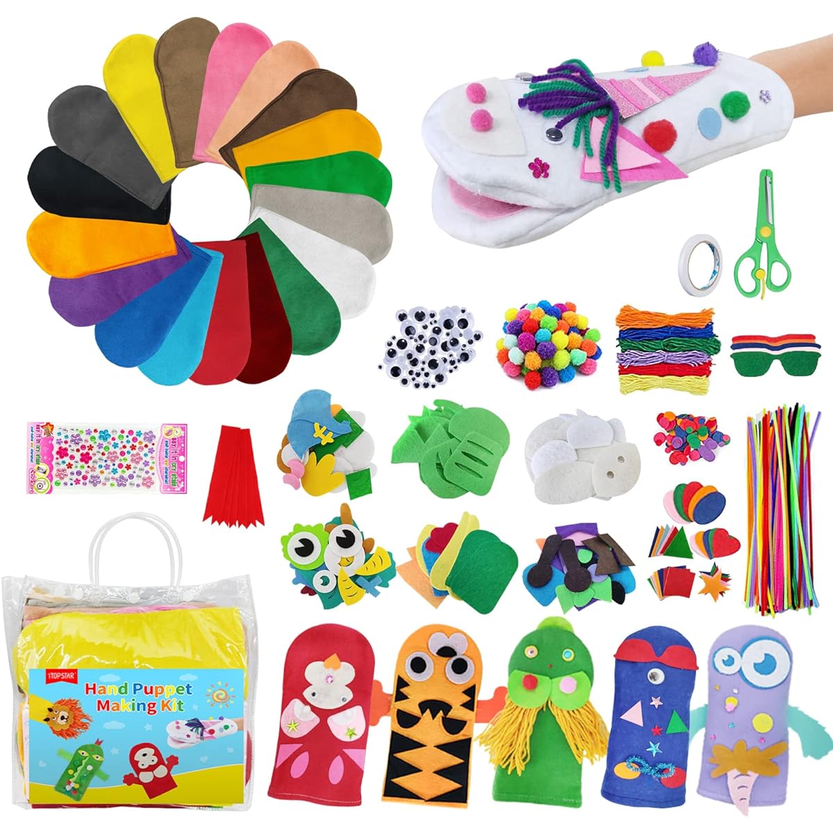 Itopstar 18 Pieces Hand Puppet Craft Making Kit for Kids Art Craft Felt Puppet Creative Puppet DIY Hand Puppet Kit