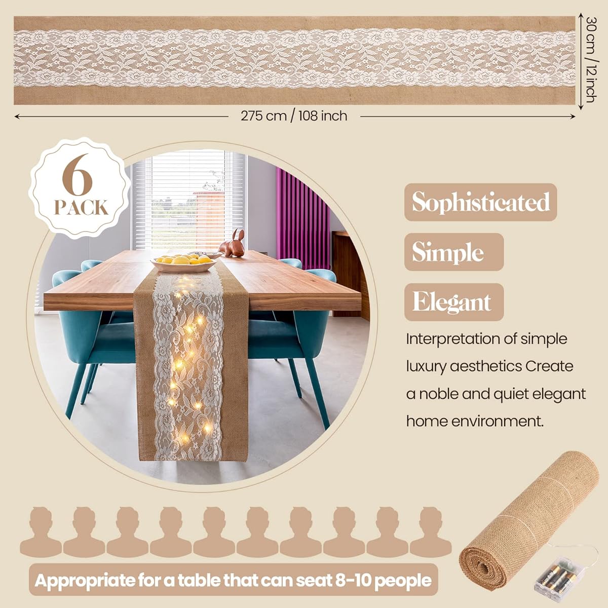 Tudomro Burlap Table Runner Set of 6 with LED String Lights, 12 x 108 Inches, Rustic Jute Lace Table Runner, Farmhouse Jute Linen Table Runner for Wedding Decoration, Holiday Party, Wedding Table Decoration
