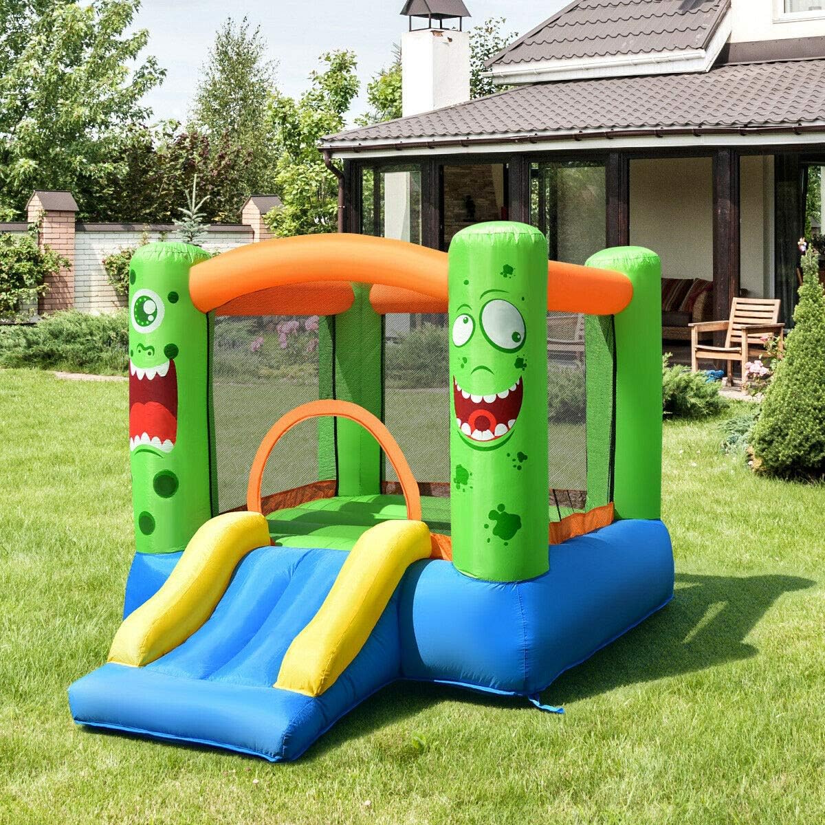 HONEY JOY Inflatable Bounce House, Inflatable Moon Bounce for Kids with Slide & Giant Bounce Area, Oxford Carry Bag, Stakes, Indoor Outdoor Jumping Bouncy Castle for Backyard Playground (No Blower)