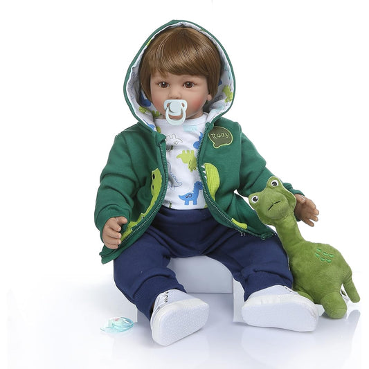 24 Inch Boy Doll Reborn Toddler Doll Realistic Looking Soft Silicone Weighted Soft Cloth Body Newborn with Dinosaur Clothes