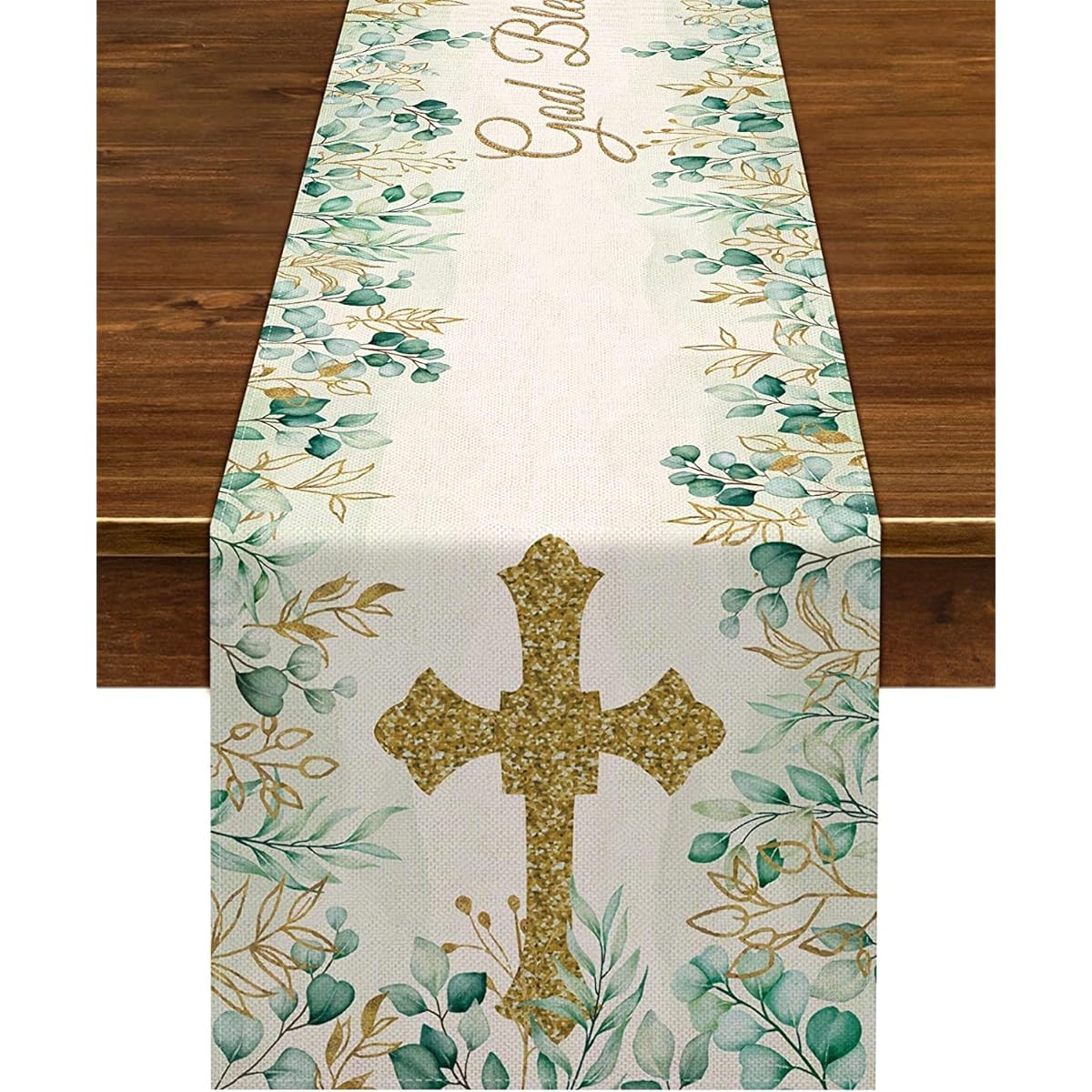 Nepnuser God Bless Table Runner First Communion Baptism Party Decorations Green and Gold Kitchen Home Decor (13" x 108")