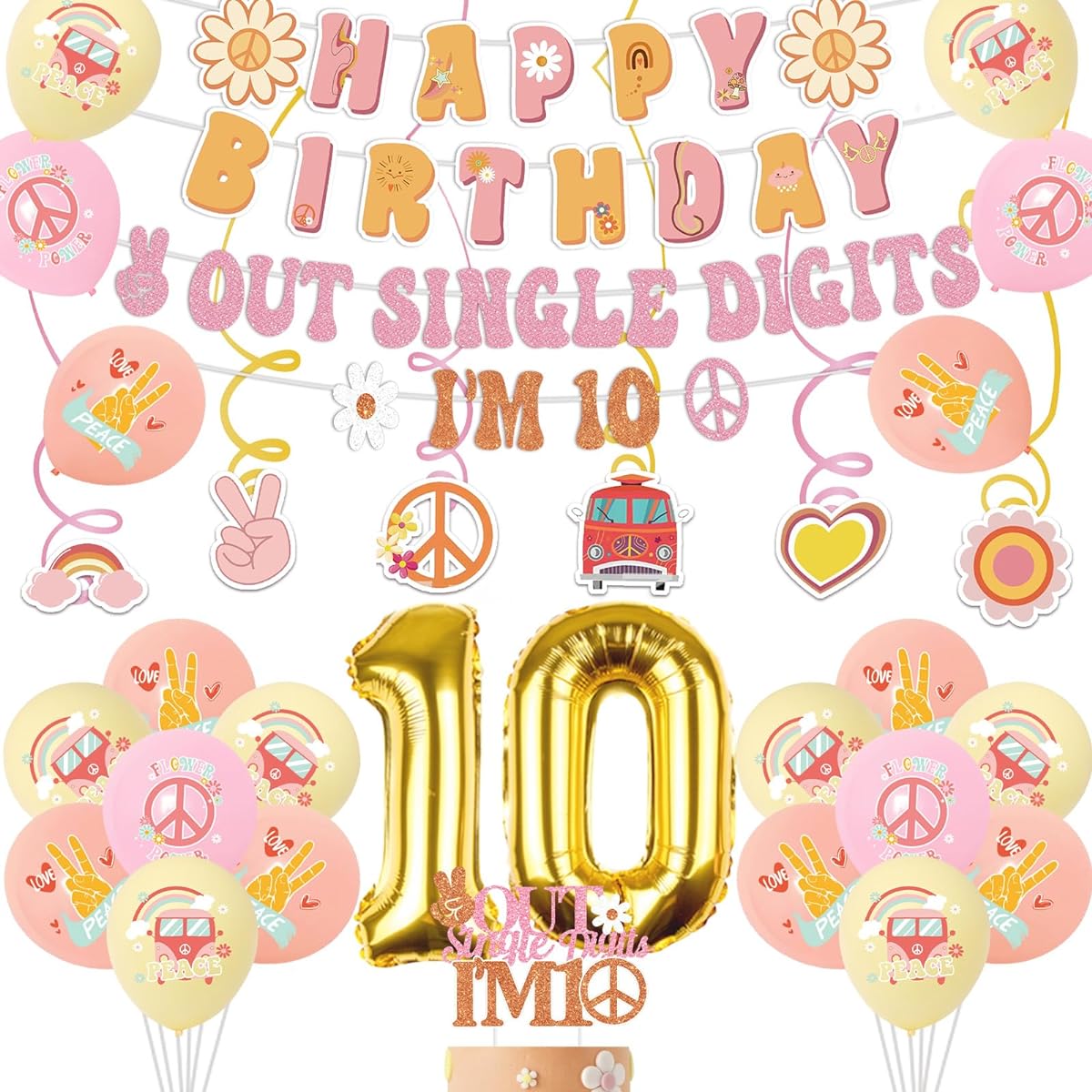 Boho 10th Birthday Decorations for Girls - Groovy Retro Hippie Boho Birthday Party Decorations Kit No 1 Digit I'm 10 Banner Garland Foil Balloon Party Supplies for 10 Year Old Girls