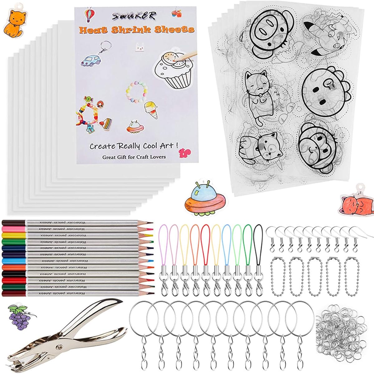 Heat Shrink Plastic Sheet Kit, 166 Pieces Shrink Art Kit with 10 Sheets Shrinky Art Paper and 8 Sheets Patterns, Hole Punch, Keychain Accessories and Pencils for Kids Creative Crafts