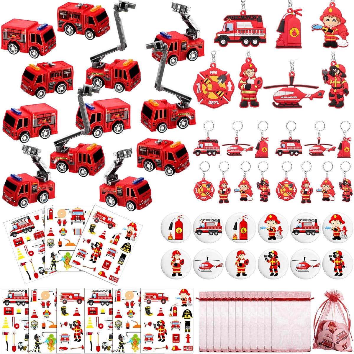 Huquary Fire Truck Birthday Party Supplies, Fire Engine Keychains, Firefighter Stickers, Fire Truck Toys, Firefighter Buttons, Pins, Bags, Firefighter Party Favors, Firefighter Accessories, 66pcs