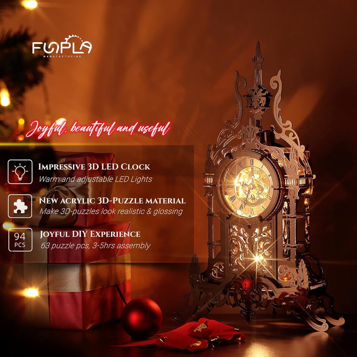 FUNPOLA 3D Puzzle, Acrylic, 3D Puzzle, LED, Metallic Nano Puzzle, Clock Tower, Building Model Clock, Table Clock, Handmade, for Kids and Adults, Home Decoration, Instructions Included, Scandinavian Interior, Lighted, Puzzle Gift, Gift, 63PCS